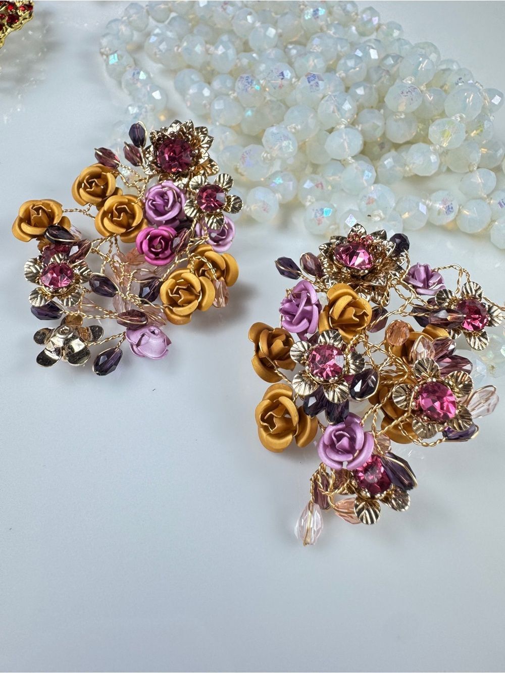 Boho Pink & Gold Floral Cluster Earrings